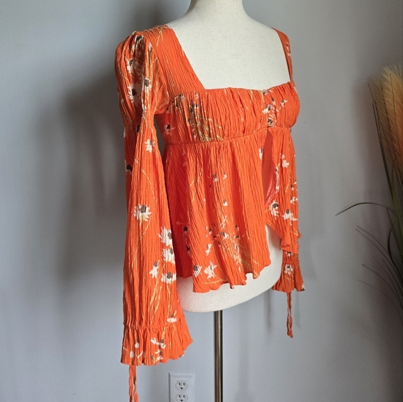 Urban Outfitters New Allie Orange Floral Tie Sleeve Blouse Shirt Womens SZ XS - Picture 6 of 13